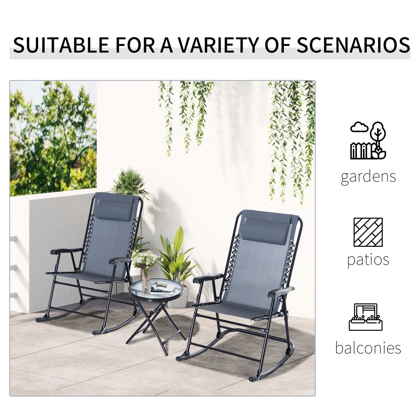 Two gray zero gravity chairs with headrests on a tiled patio next to a small table