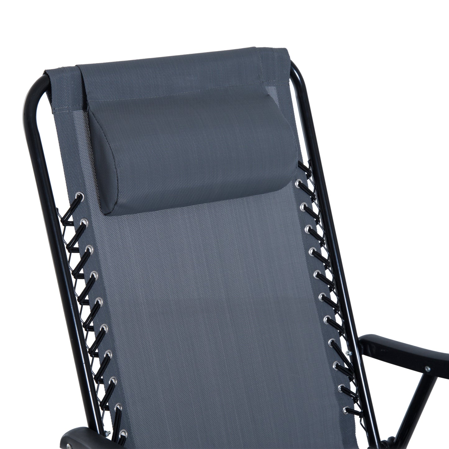 Closeup of a grey zero gravity chair headrest and fabric with black bungee cord lacing