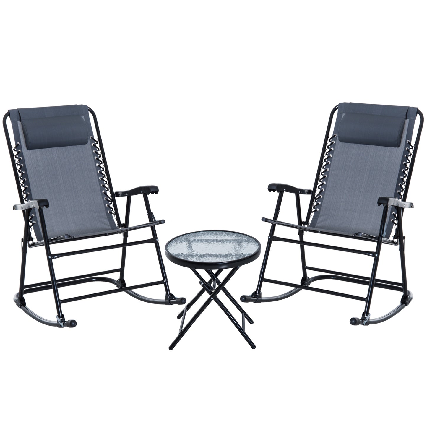 Pair of gray zero gravity chairs with black frames and a round glass accent table