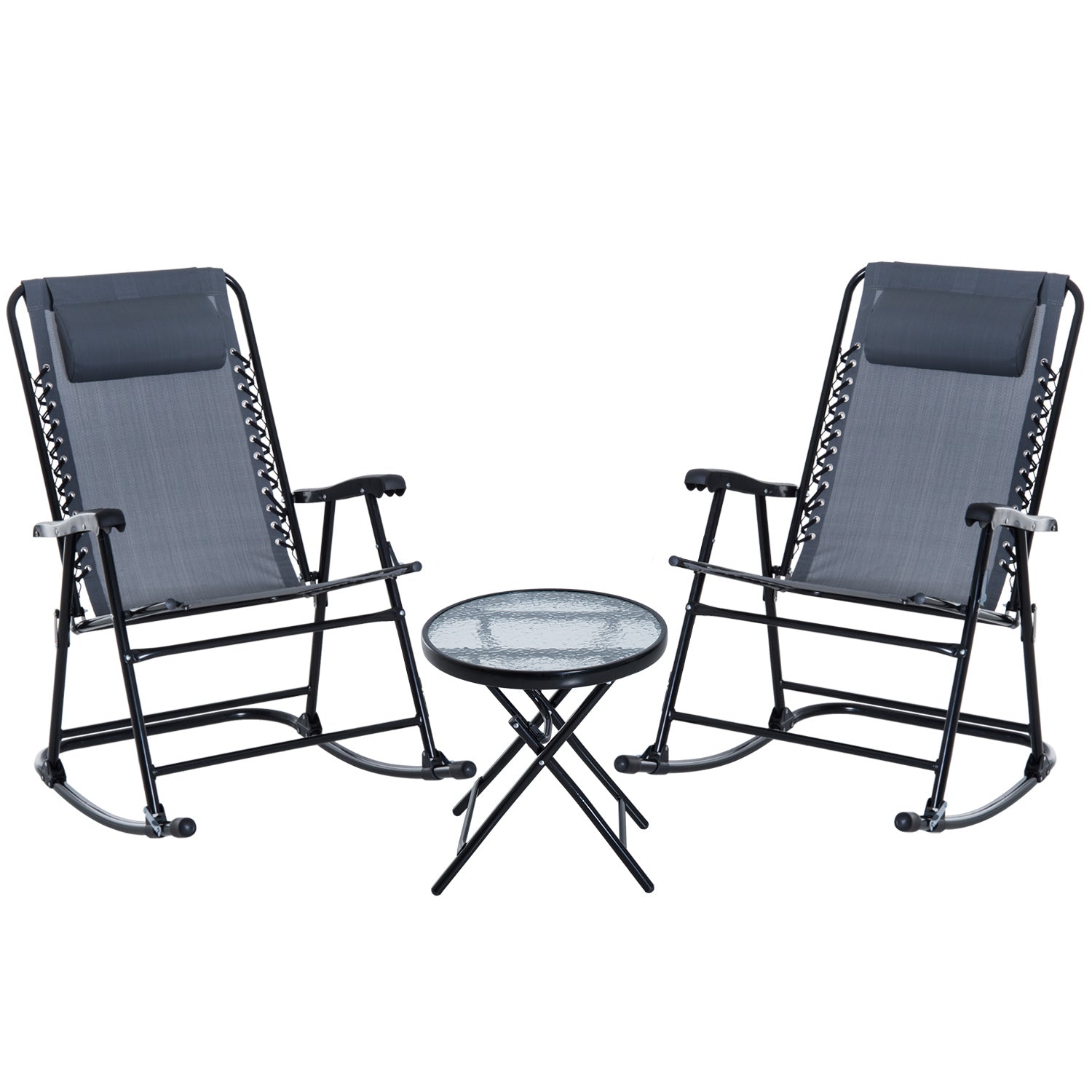 Pair of gray zero gravity chairs with black frames and a round glass accent table