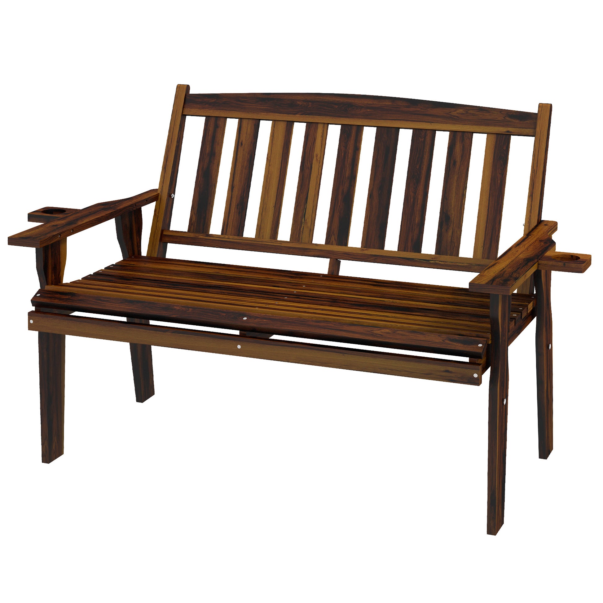 Dark wood garden bench with slatted seat and backrests featuring cup holders