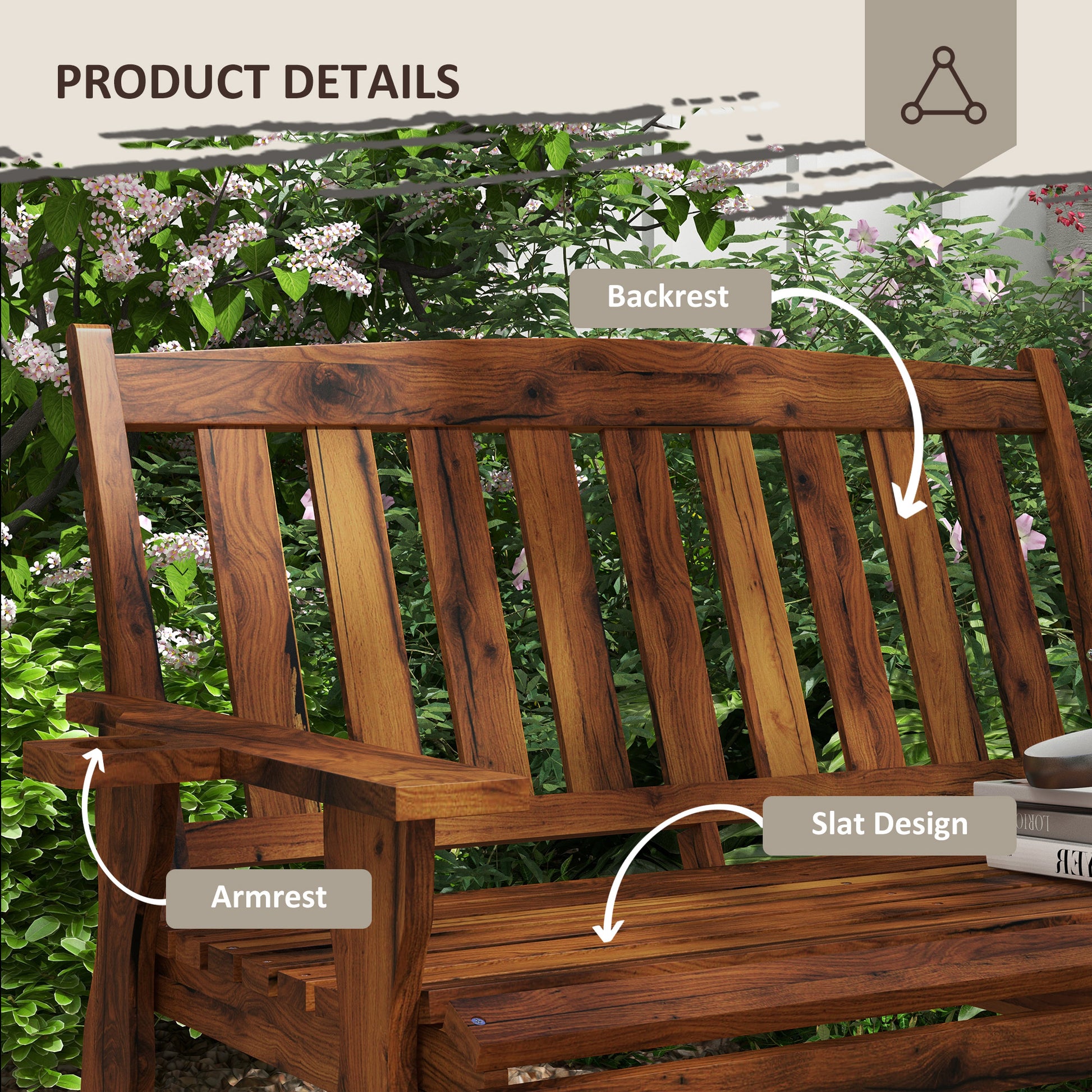 Closeup of a wooden garden bench with a slat backrest and armrest