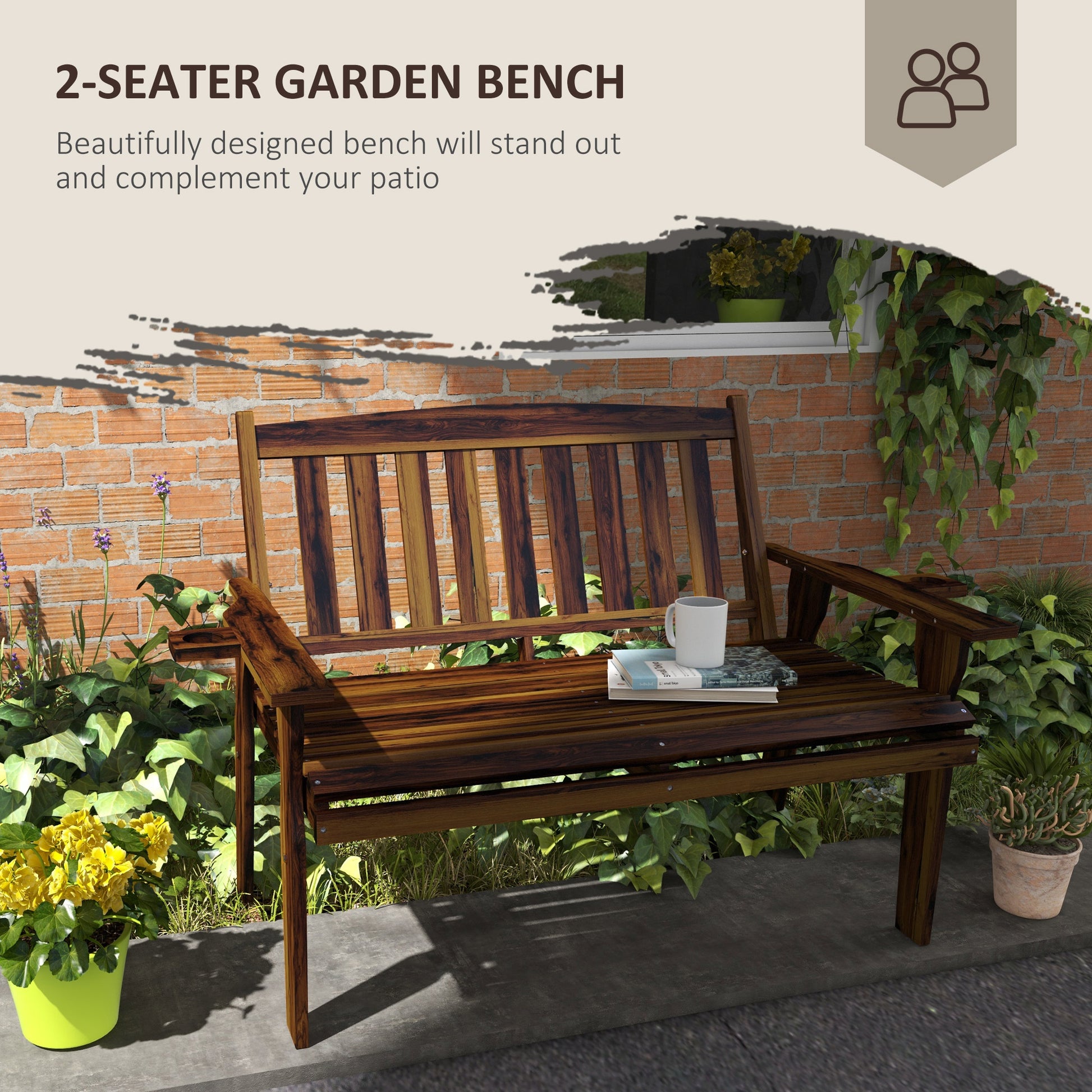 Richly stained wooden seater garden bench with slatted backrest and armrests
