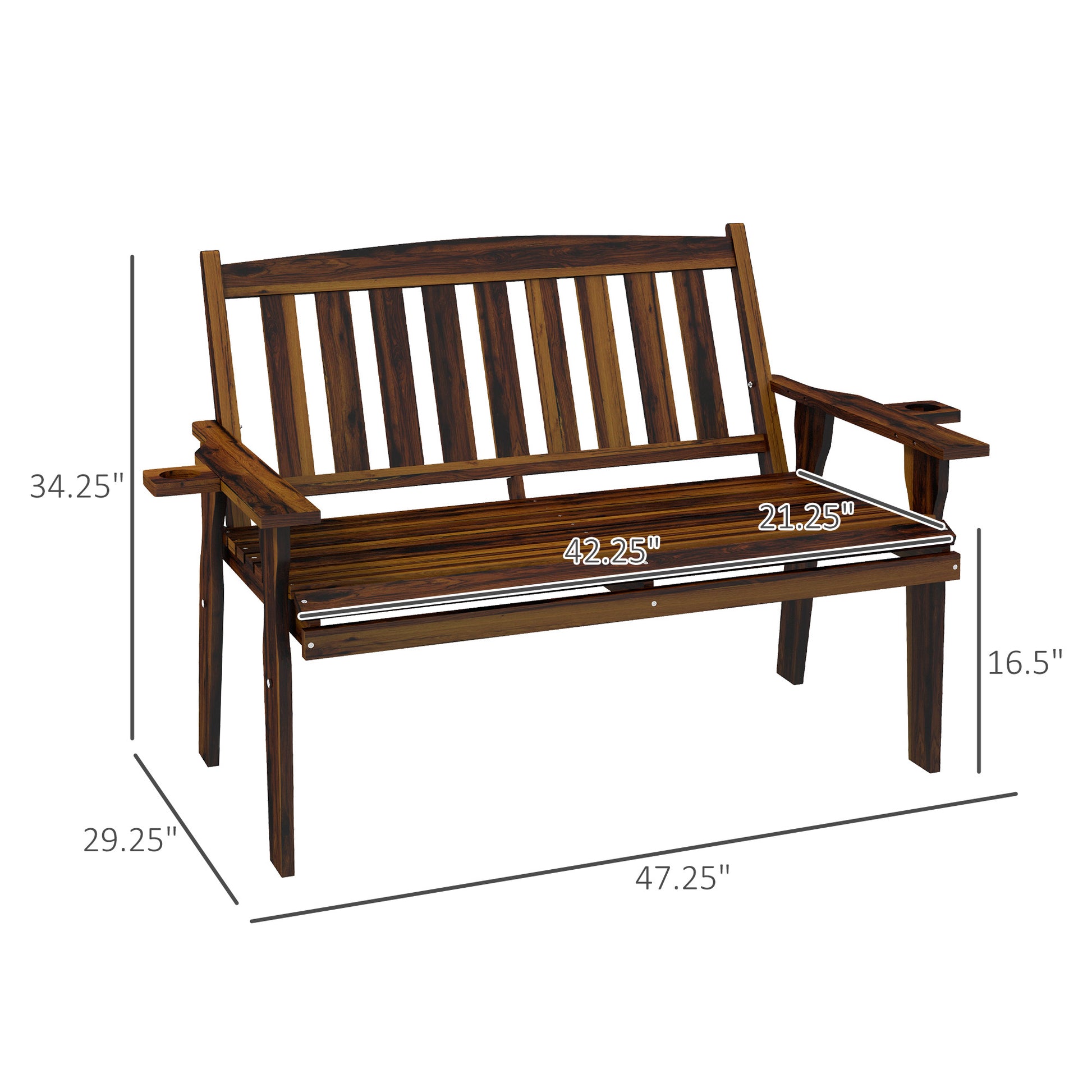 Dark wood outdoor bench with slatted back and seat  long