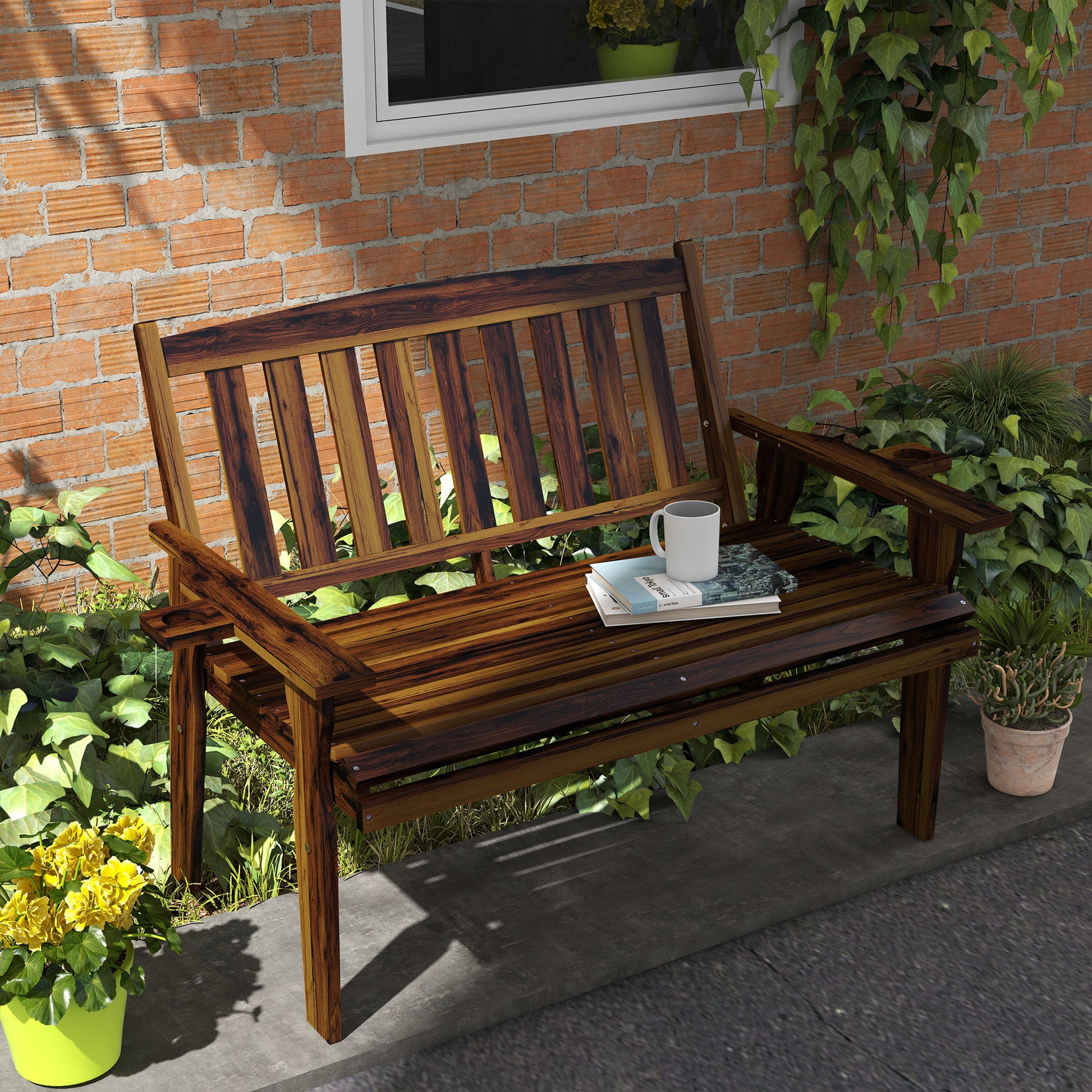 Dark wood garden bench with cup holder detail