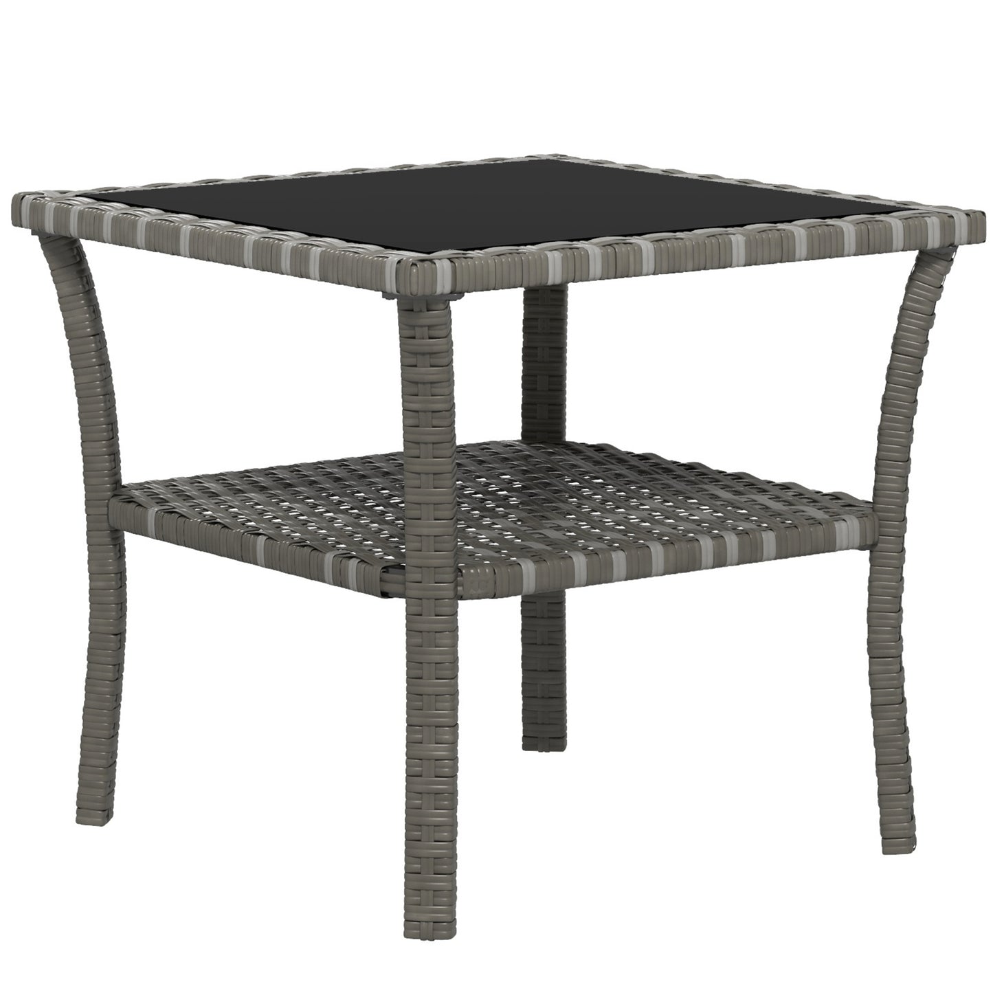 Gray wicker outdoor end table with tempered glass top and lower shelf