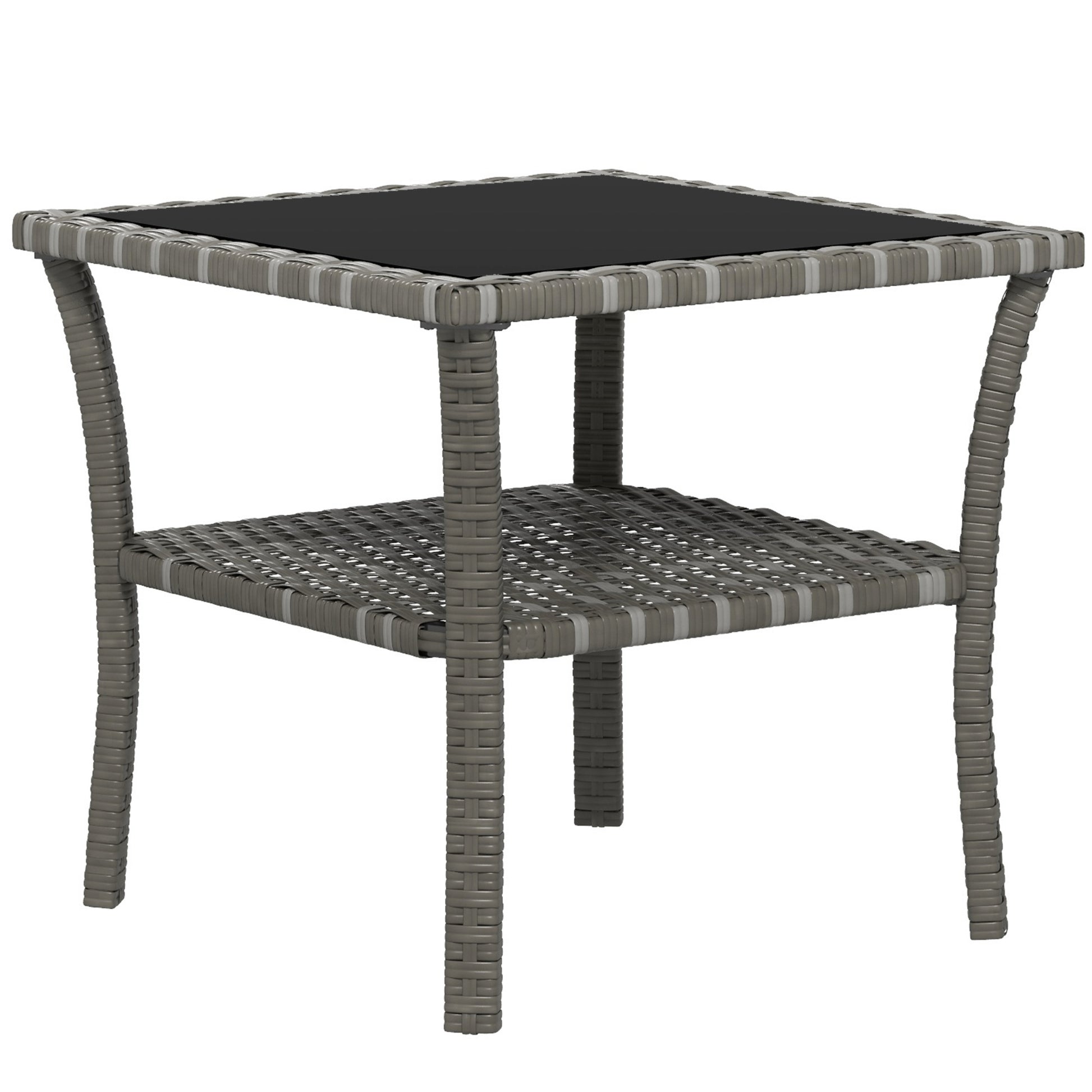 Gray wicker outdoor end table with tempered glass top and lower shelf