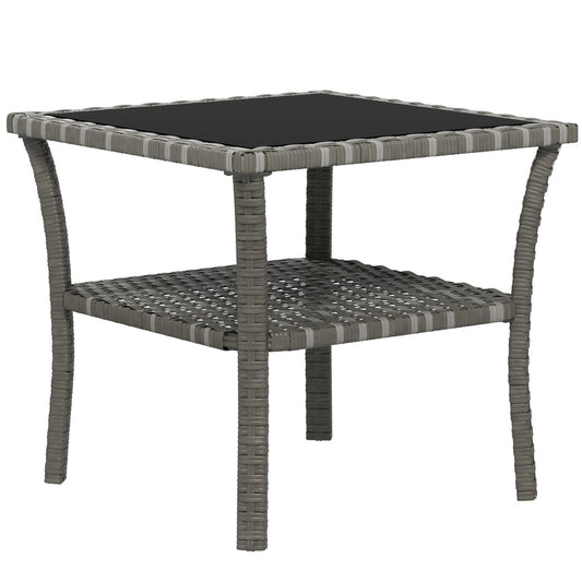 Gray wicker outdoor end table with tempered glass top and lower shelf