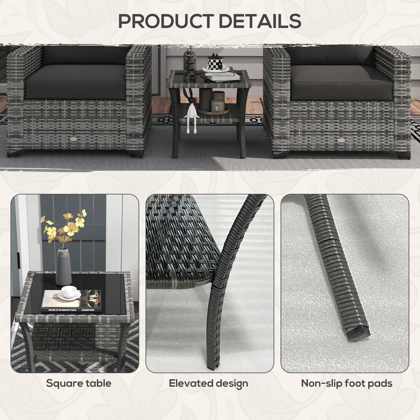 Gray wicker armchair with dark gray cushions for outdoor seating