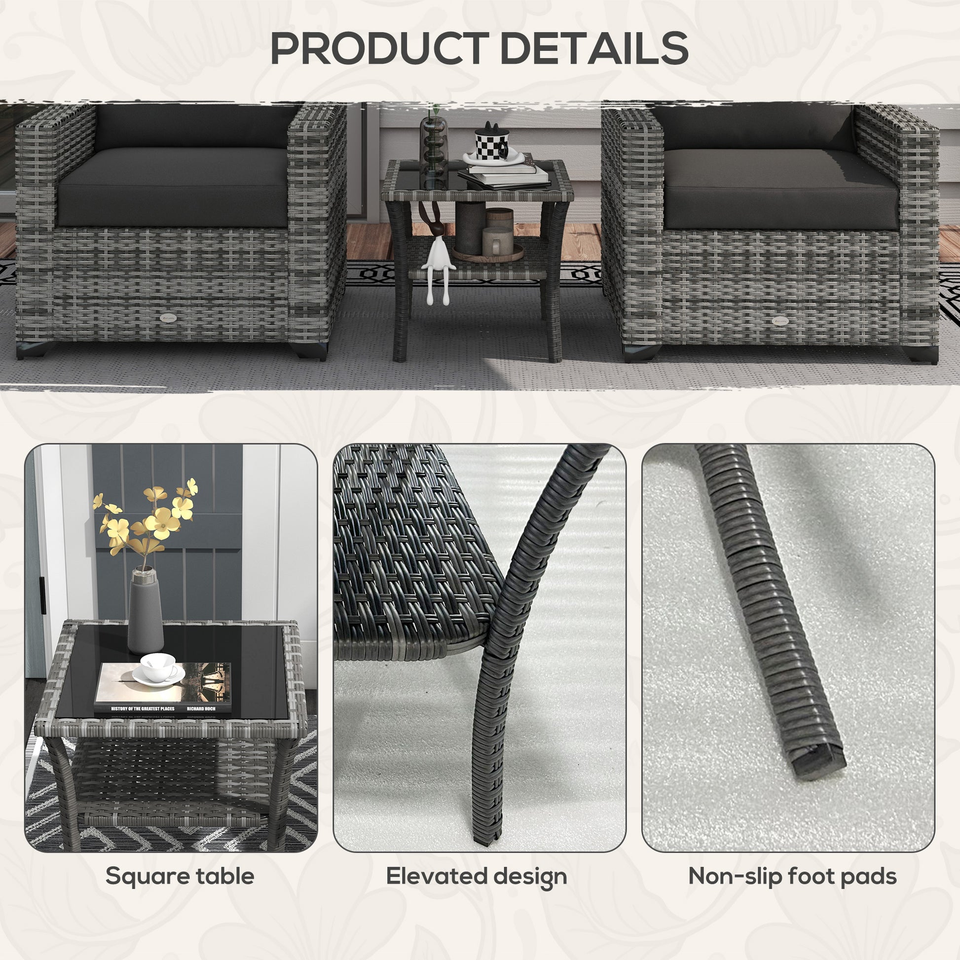 Gray wicker armchair with dark gray cushions for outdoor seating