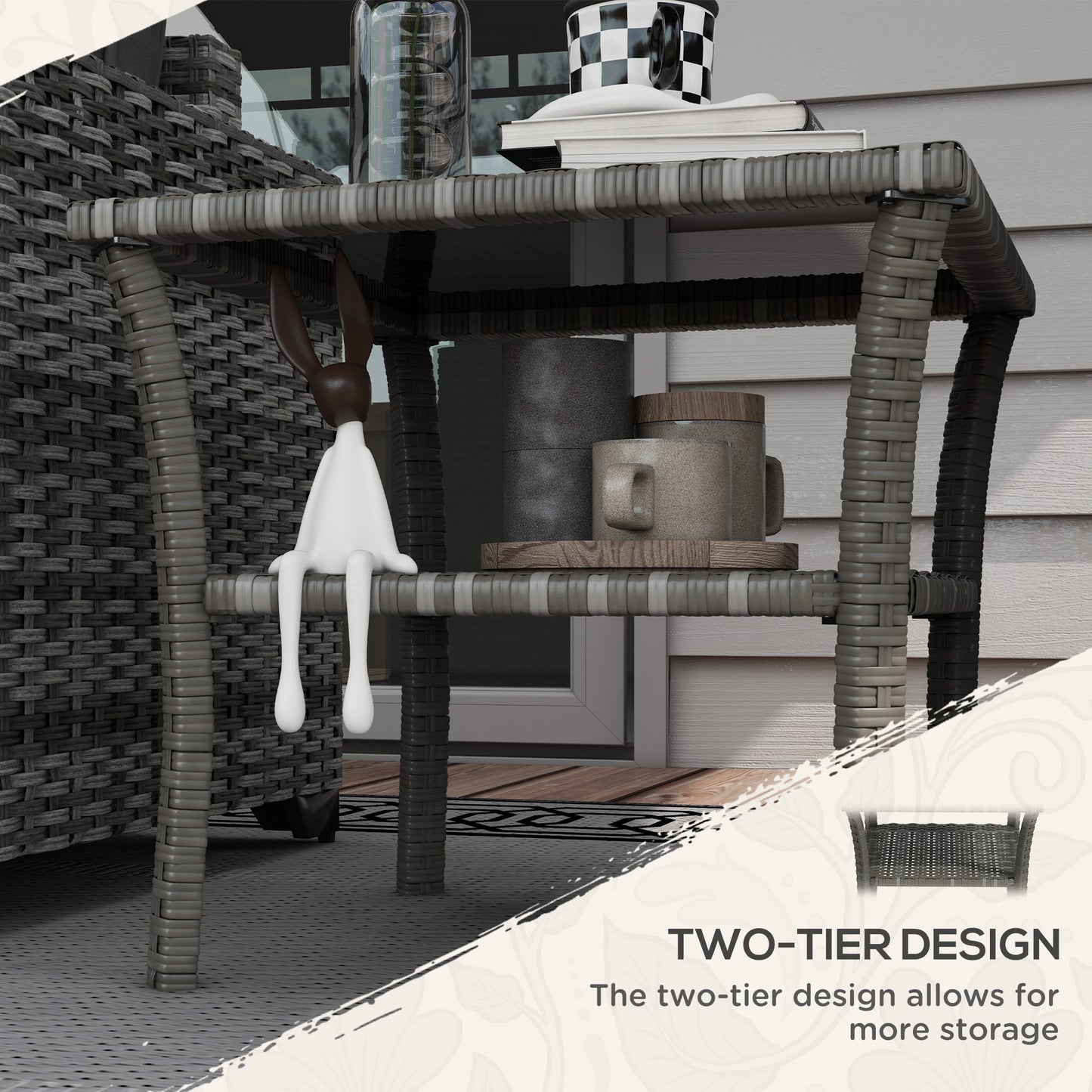 Dark gray wicker twotier side table with ceramic mugs and books