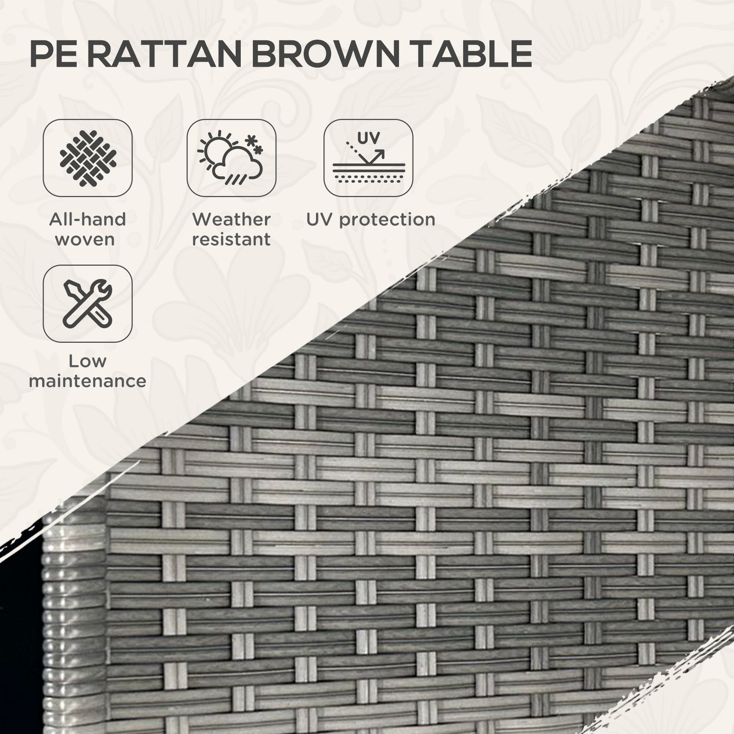 Closeup of grey PE rattan weave on a patio table showcasing intricate allhand woven pattern