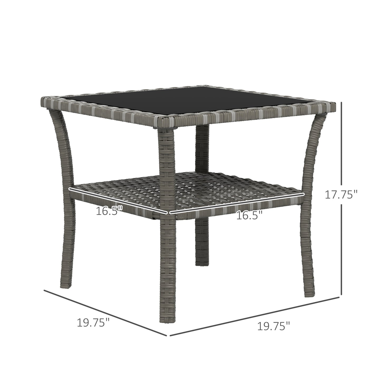Gray wicker end table with two shelves and glass top  x