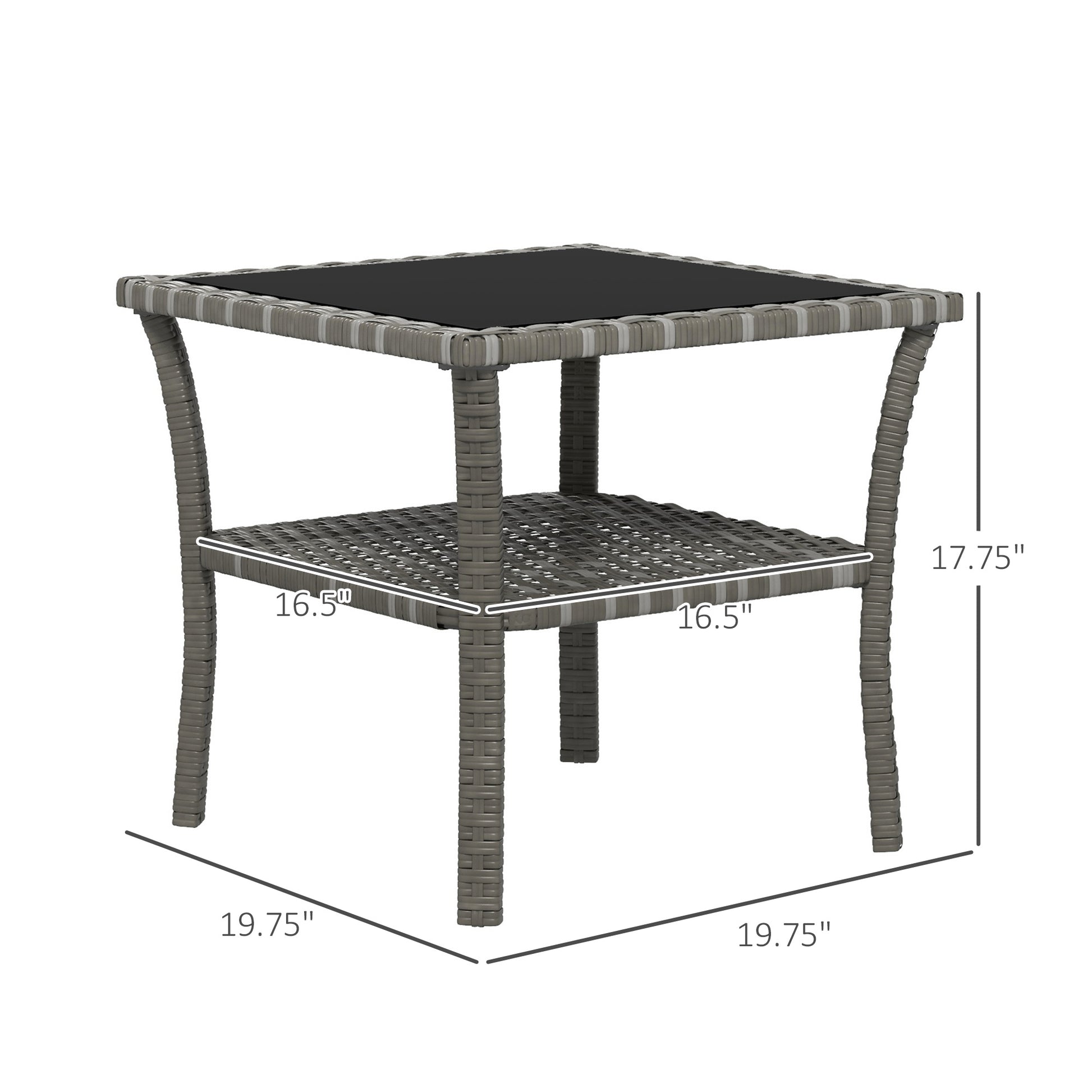 Gray wicker end table with two shelves and glass top  x
