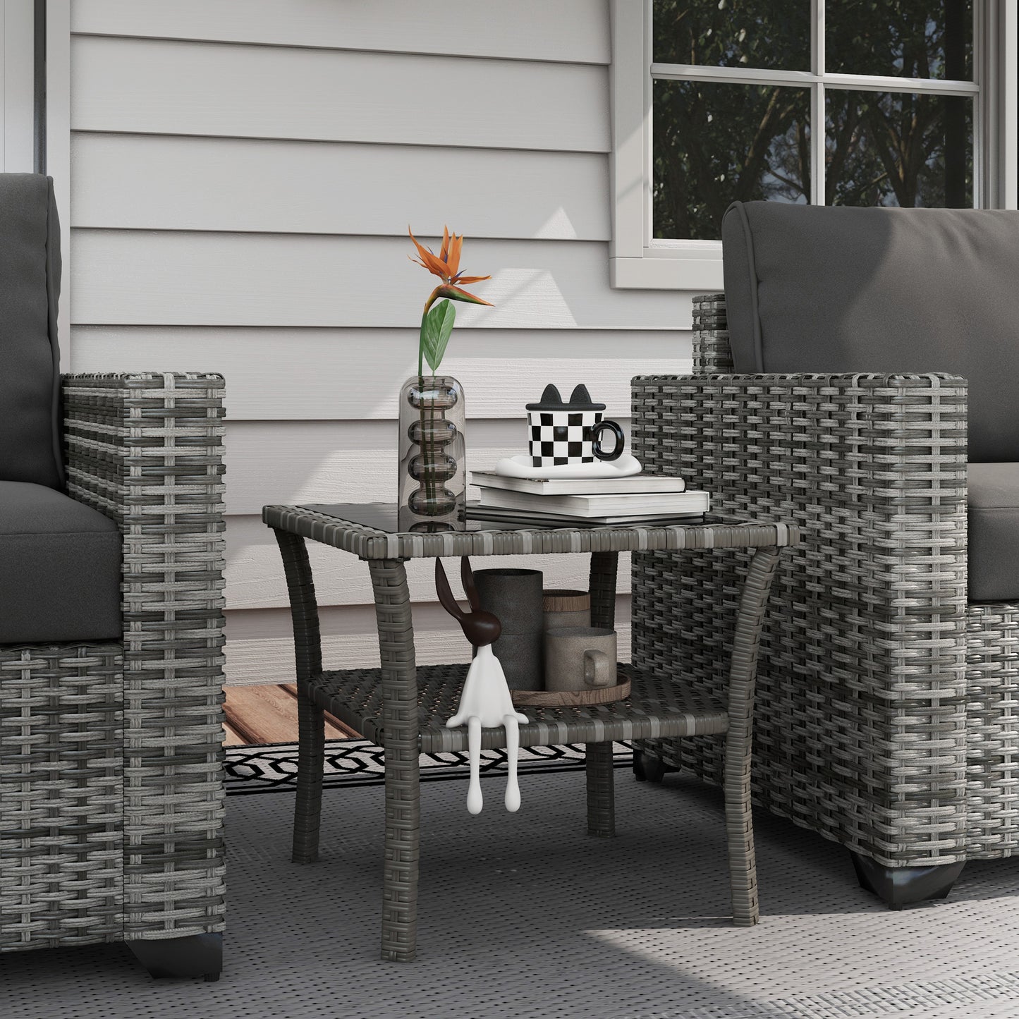 Gray wicker patio side table with glass top perfect for outdoor relaxation