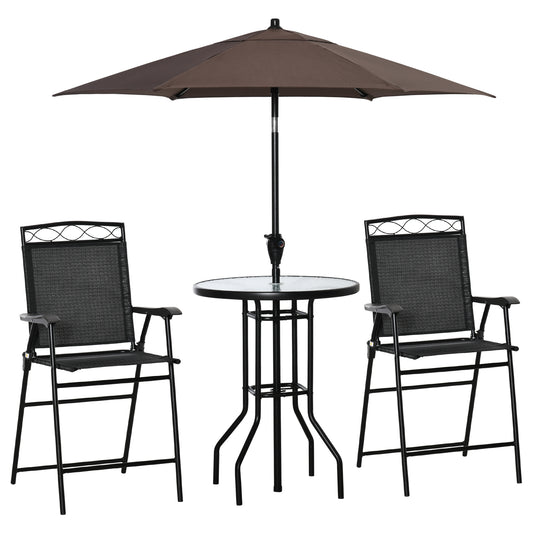 Black metal bar height patio set with glass table and two chairs