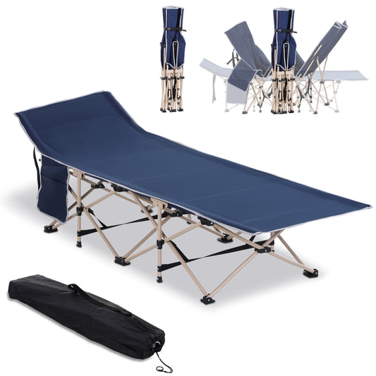 Navy blue folding camping cot with sturdy frame and side pocket