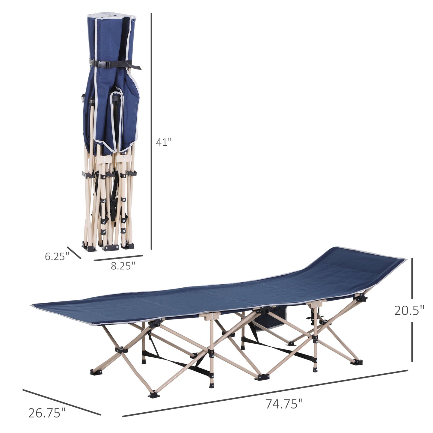 Navy blue camping cot unfolded with metal frame and dimensions labeled