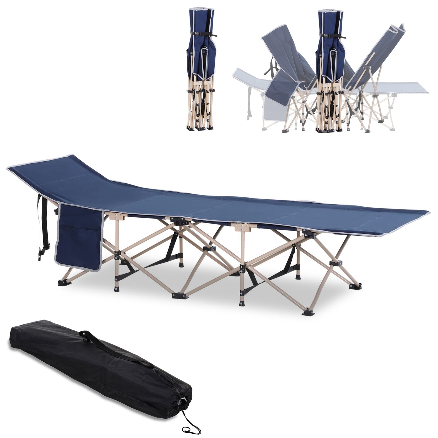 Navy blue folding camping cot with sturdy metal frame and integrated side pocket