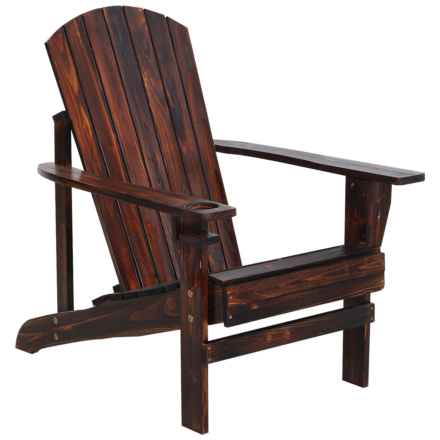 Dark brown wooden Adirondack chair with wide armrests and cup holder