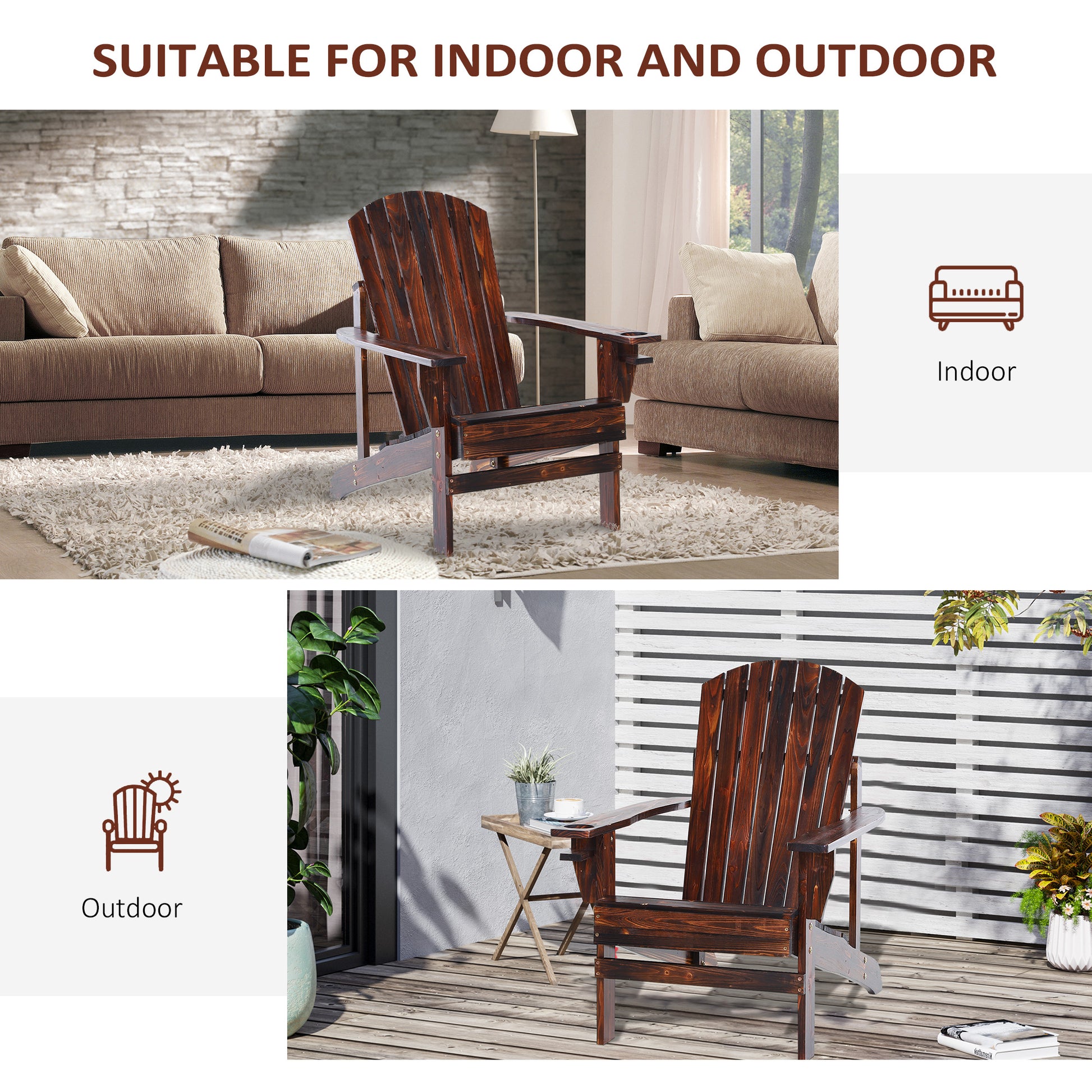 Dark brown wooden Adirondack chair indoors on plush rug next to sofa