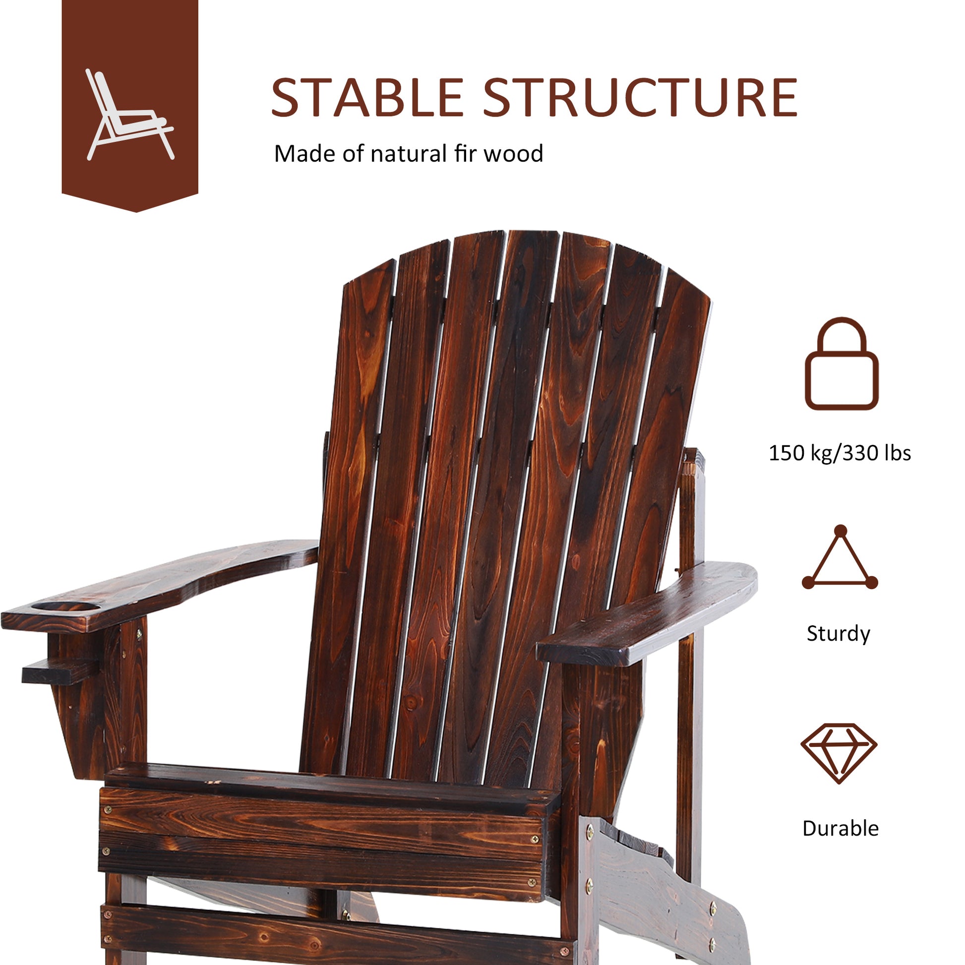 Dark brown wooden Adirondack chair with slatted back and armrests ideal for patio relaxation