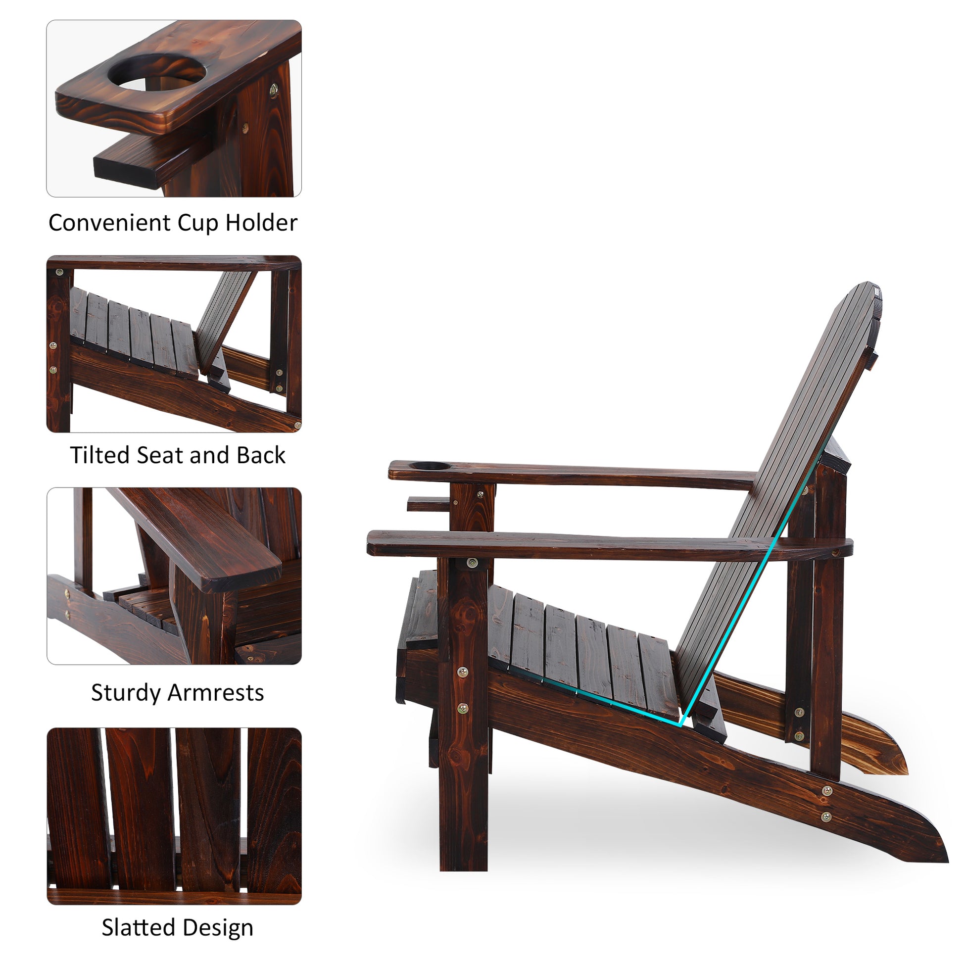 Dark brown wooden Adirondack chair with integrated cup holder on armrest