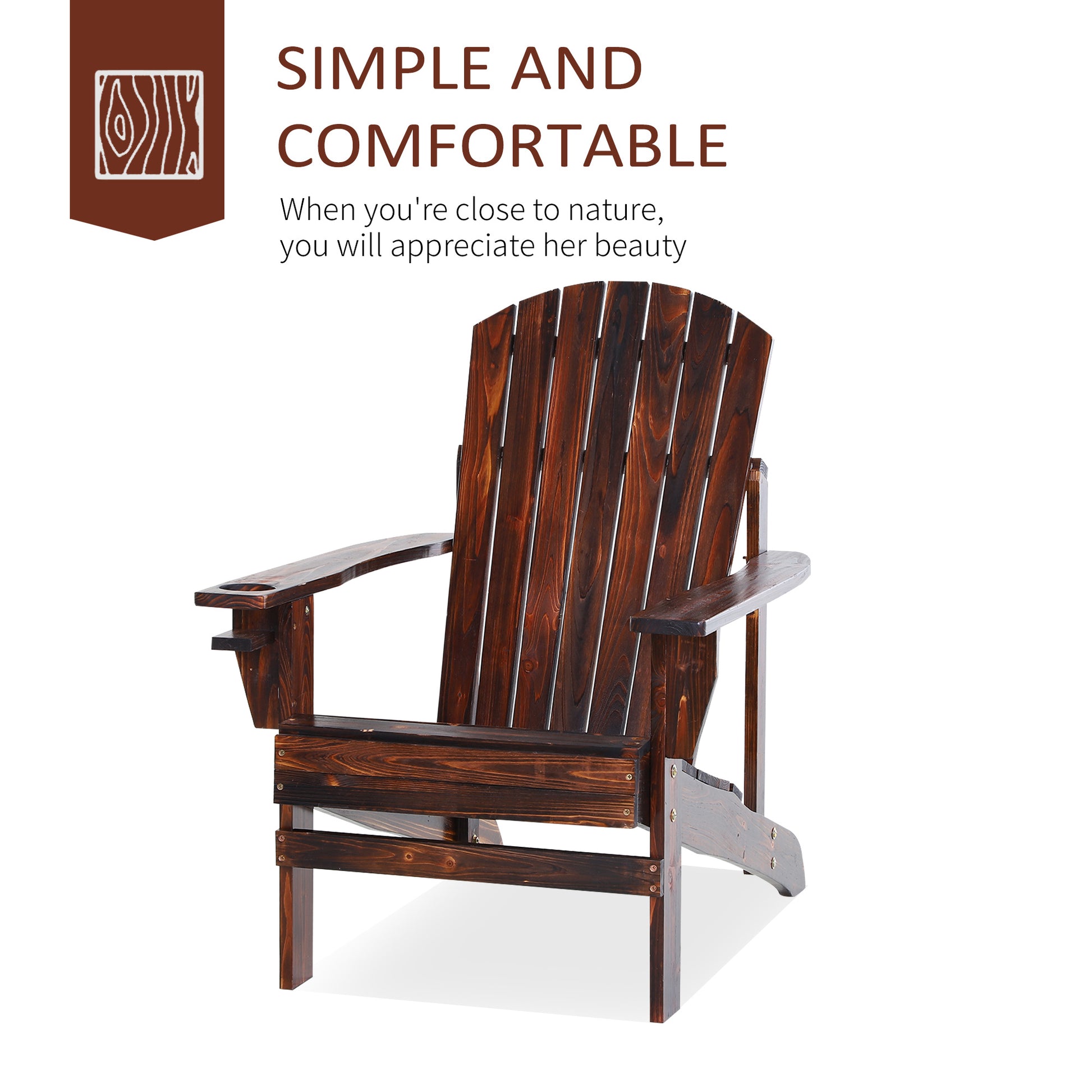 Dark stained wooden adirondack chair with cup holder on right armrest