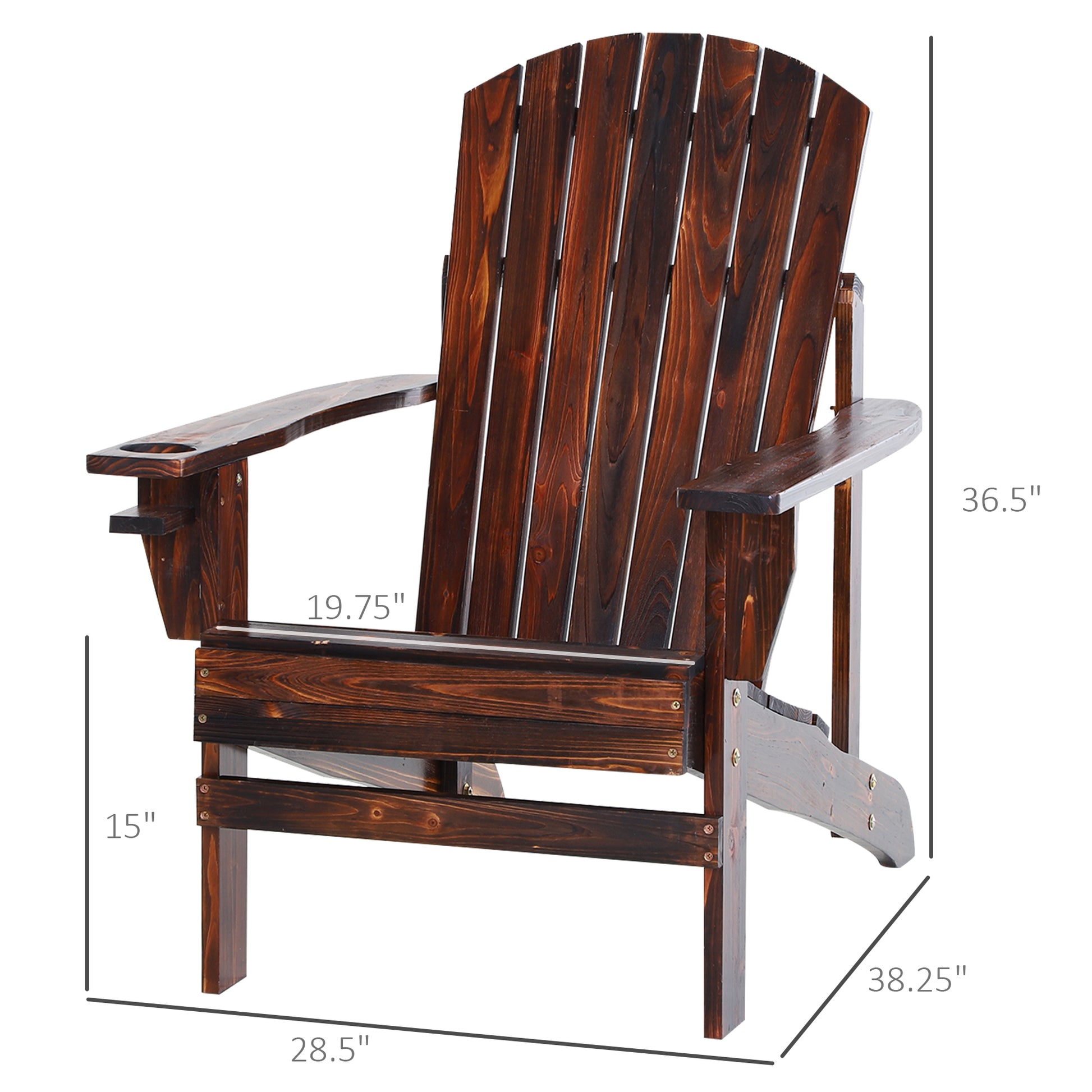 Dark wood Adirondack chair with cup holder on armrest perfect for outdoor relaxation