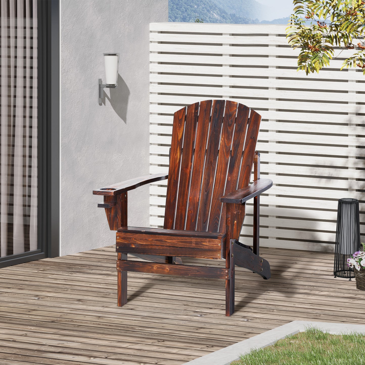 Rich brown wooden adirondack chair with wide armrests on a slatted deck