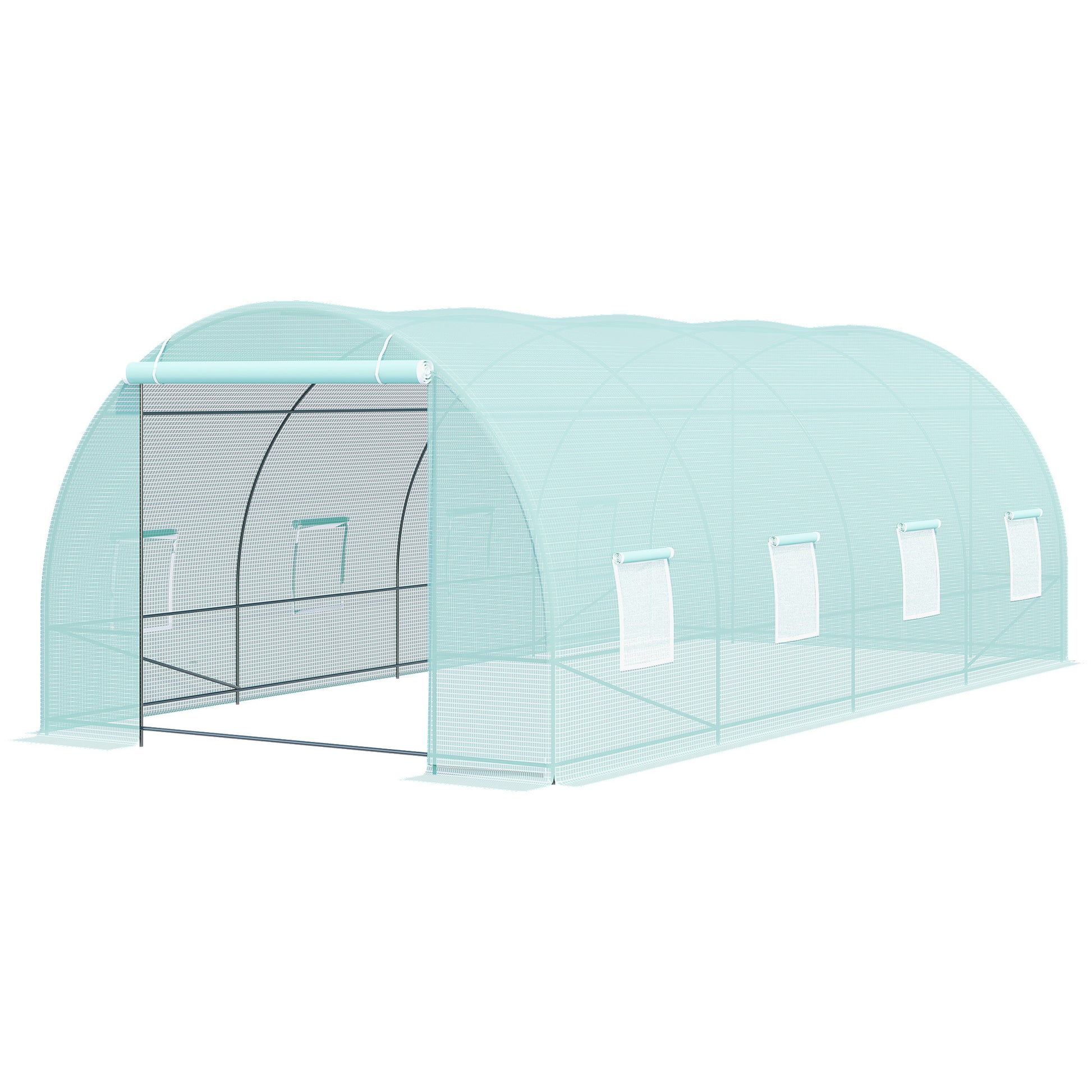Transparent tunnel greenhouse with rollup windows for gardening