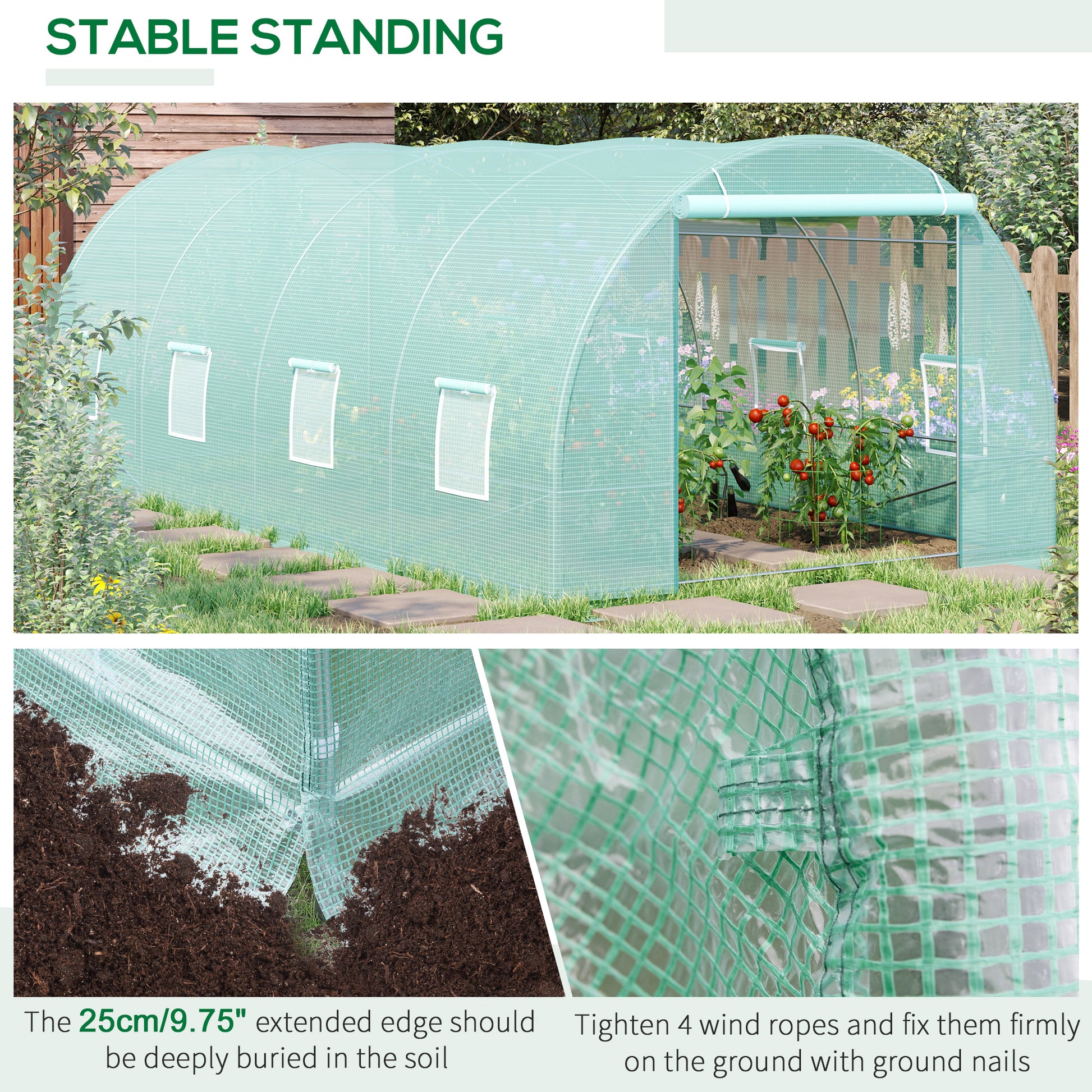 Green tunnel greenhouse with rollup windows for gardening and plant protection