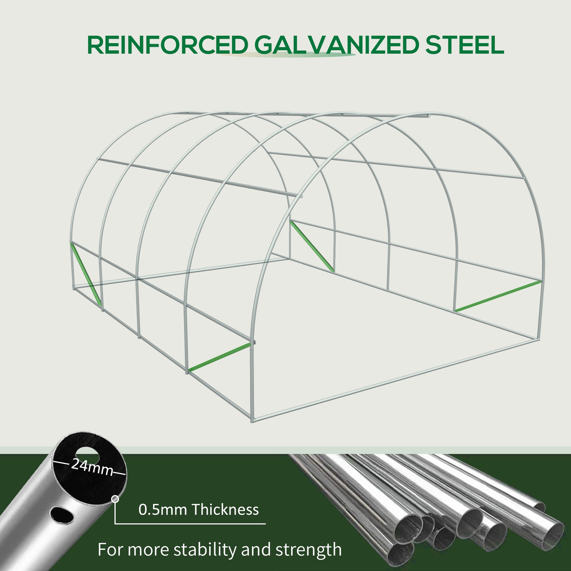 Reinforced galvanized steel greenhouse frame with mm diameter mm thick tubing