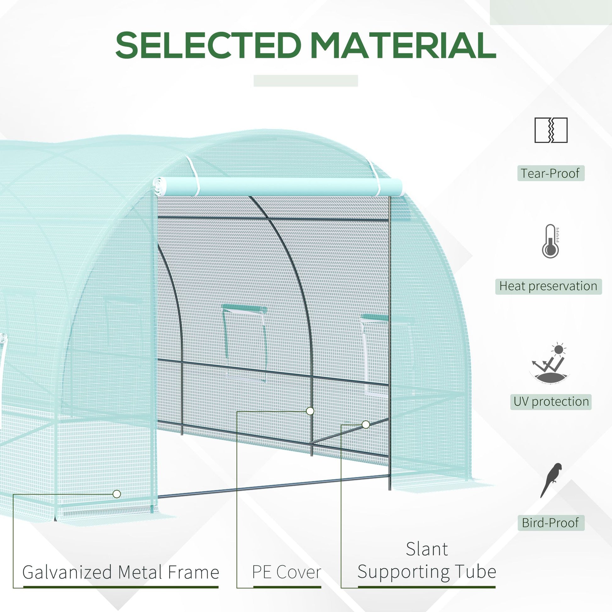 Greenhouse with galvanized metal frame and tearproof PE cover for garden use