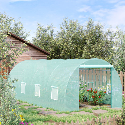Green walkin greenhouse with rolledup windows and a wooden shed in the background