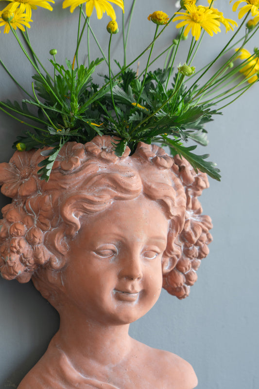 Terracotta wall planter shaped like a childs head with curly hair filled with yellow daisies