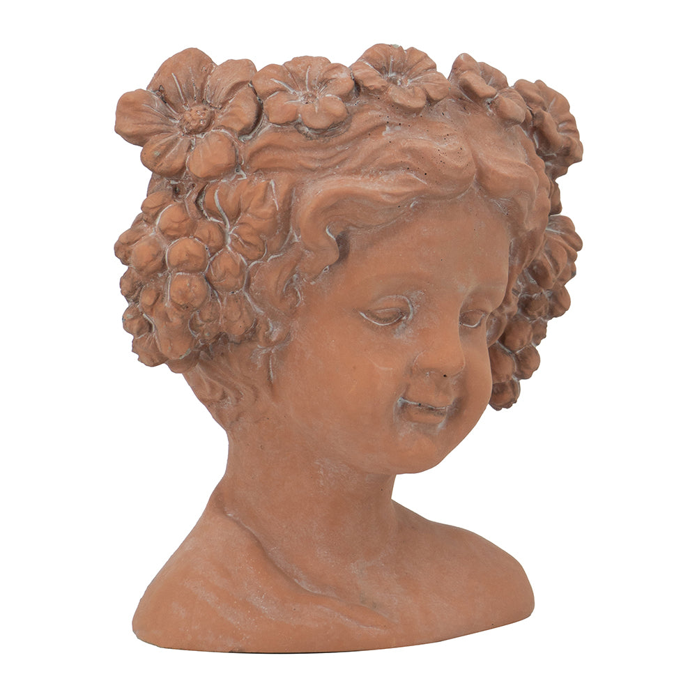 Terracotta planter bust of a young girl adorned with a floral wreath