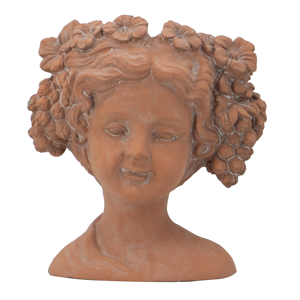Terracotta girl head planter with curly hair and floral accents
