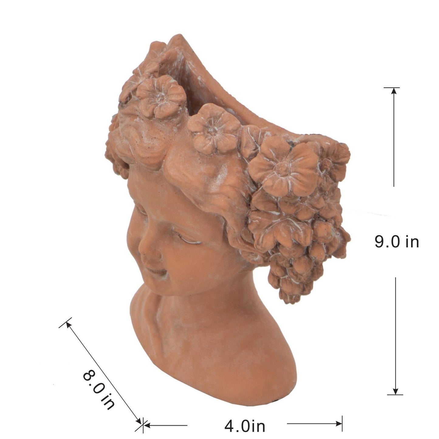 Terracotta fairy head planter with floral crown perfect for small indoor plants