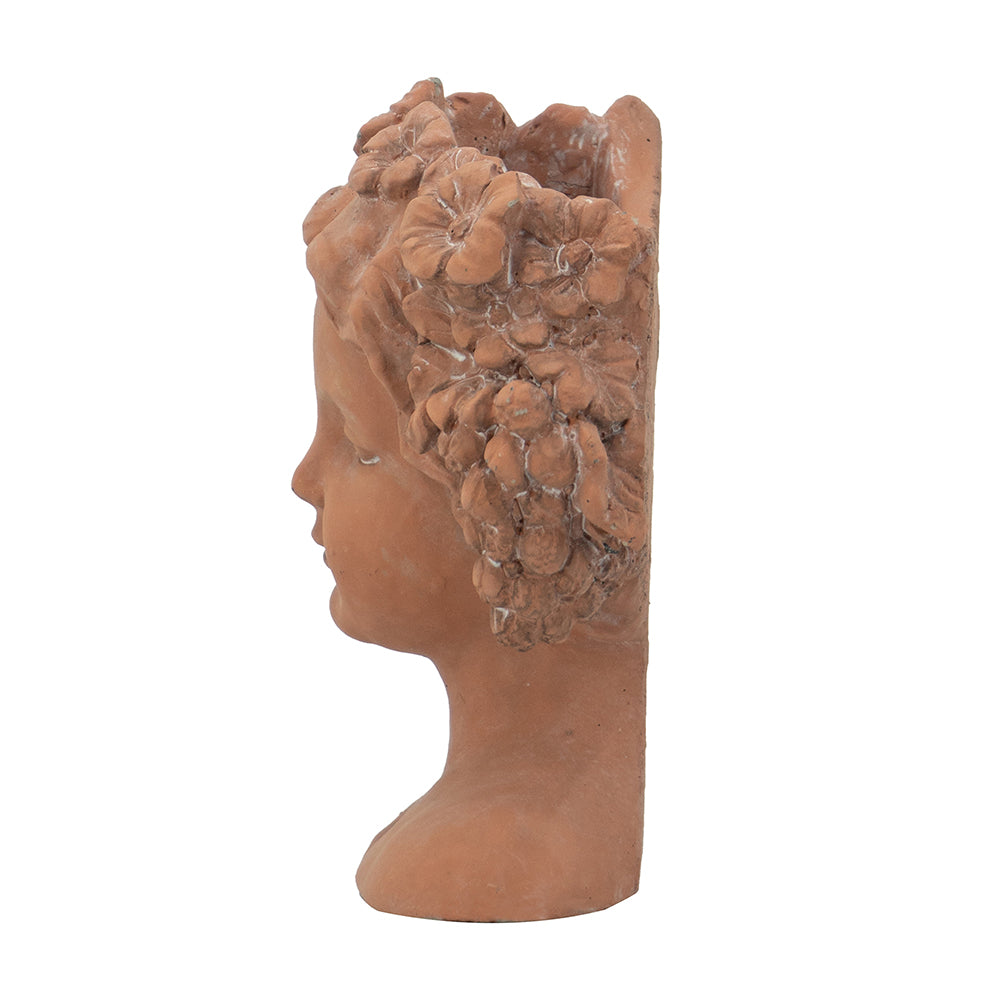 Terracotta bust planter with a classical female profile and floral accents