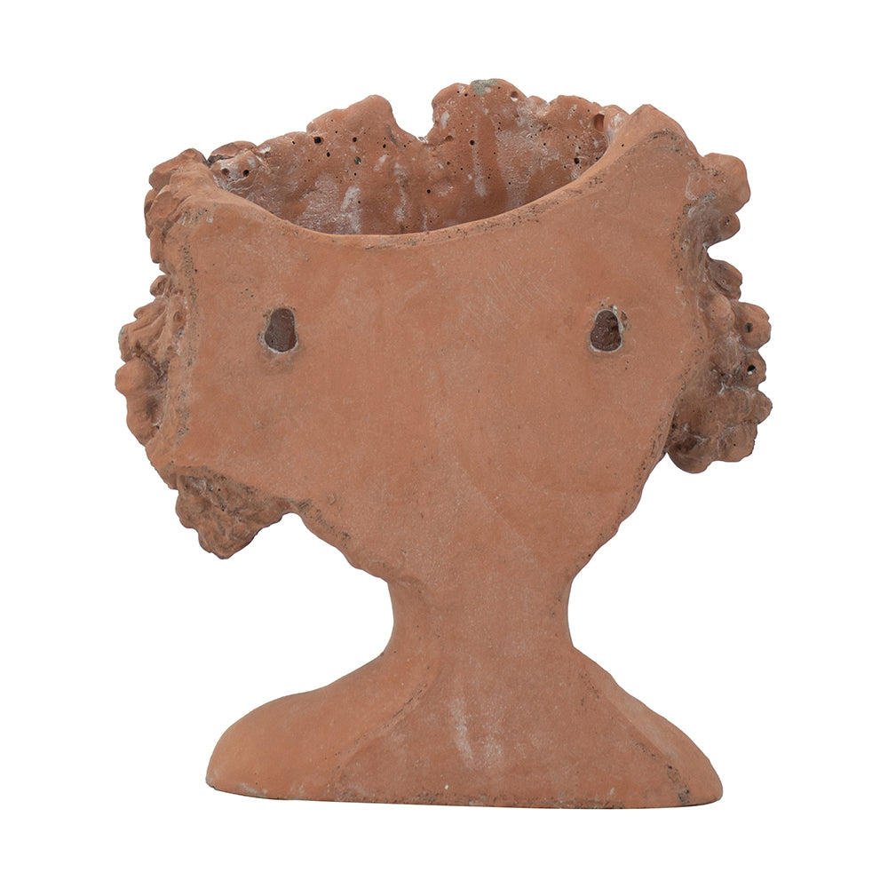 Terracotta planter shaped like a person with textured hair ideal for small plants