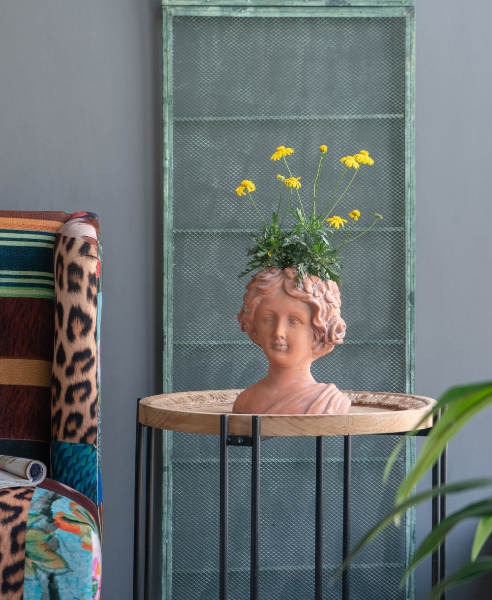Terracotta bust planter with yellow flowers  characters