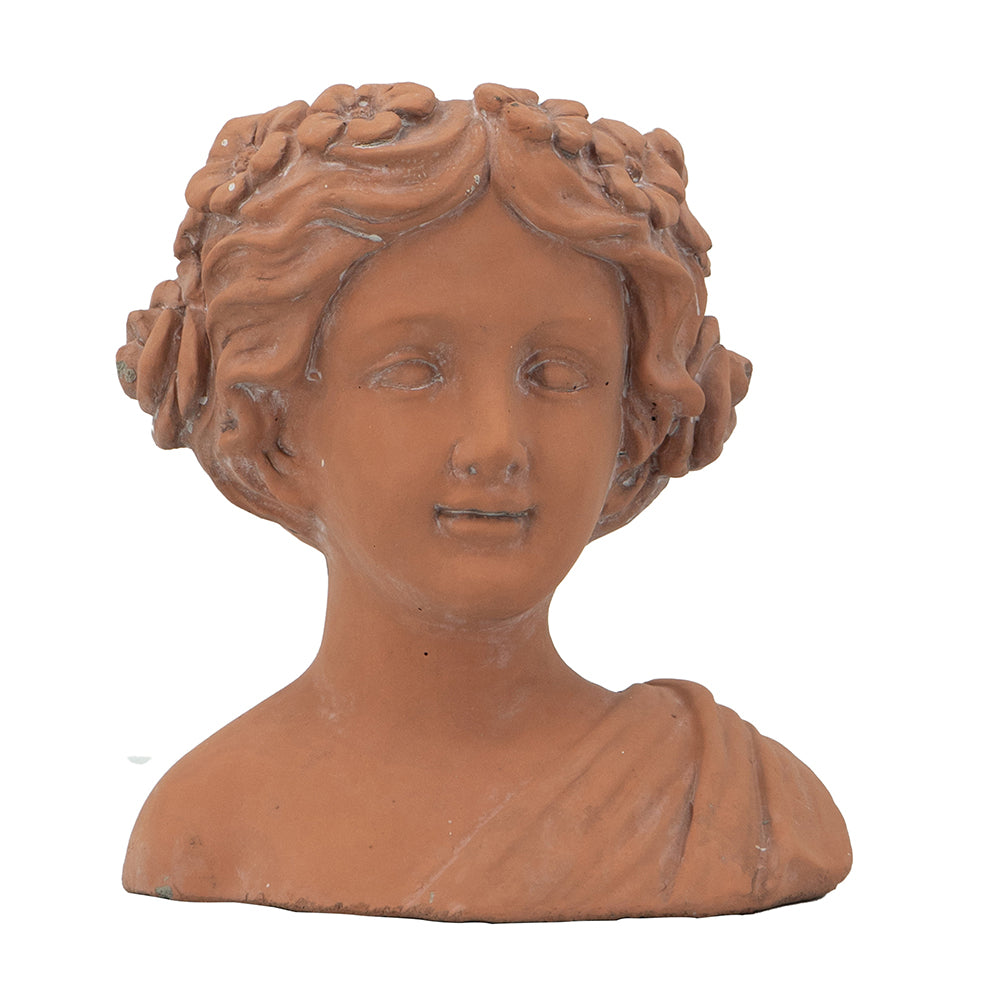 Terracotta bust of a young girl with floral wreath hairstyle for garden decor