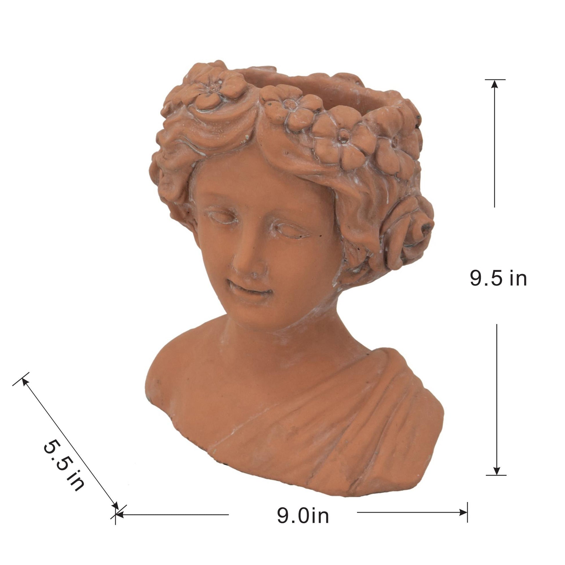 Terracotta planter bust of a woman with floral crown classical design