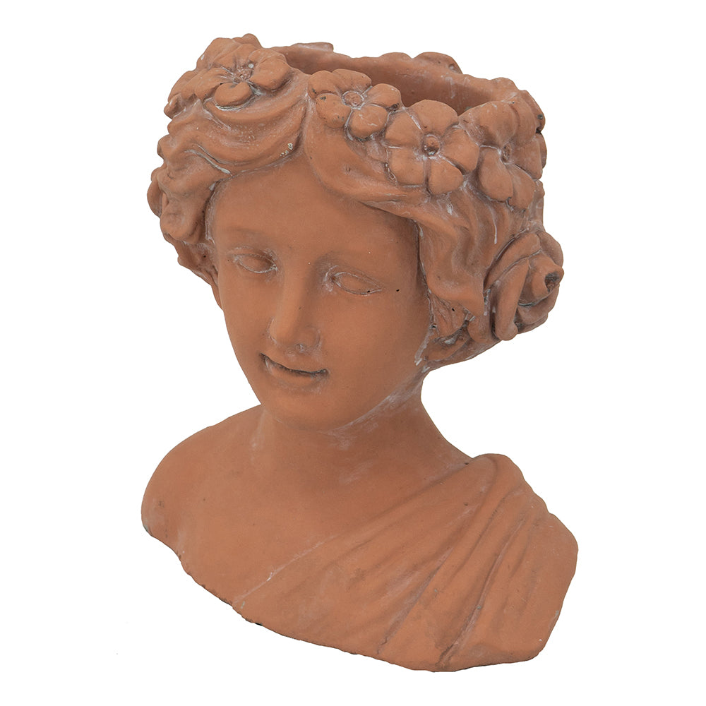 Terracotta bust planter with floral crown and draped neckline