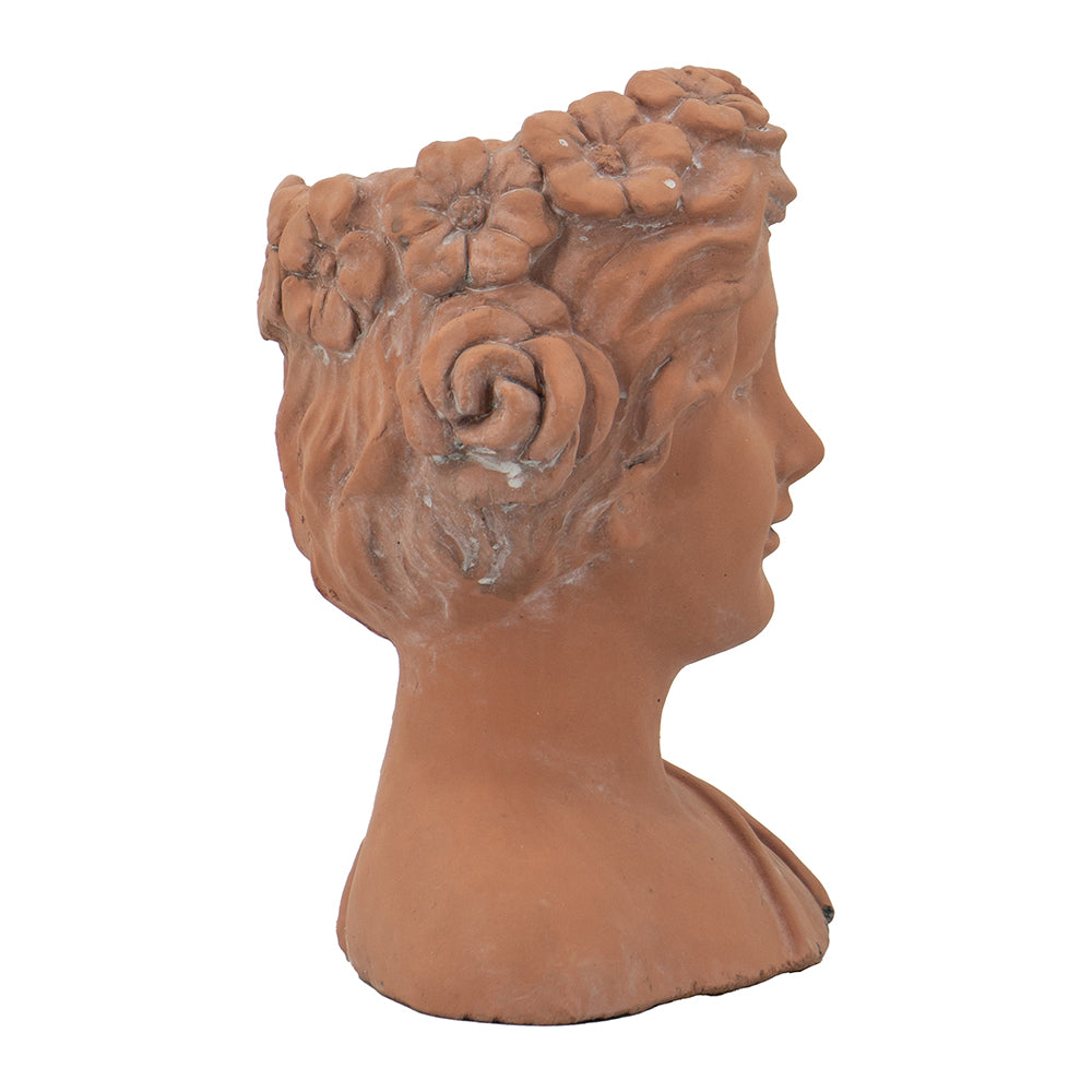 Terracotta bust planter with floral crown side profile