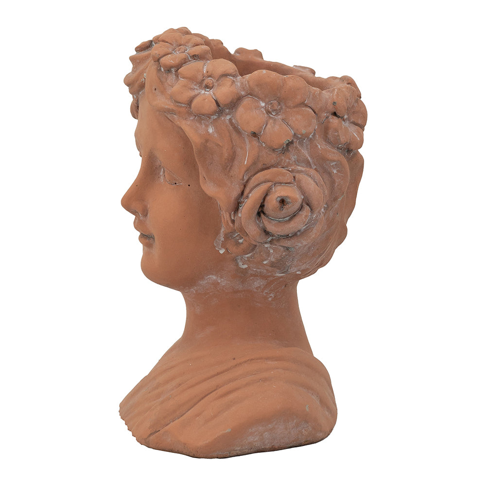 Terracotta bust planter with floral headdress and rose accent