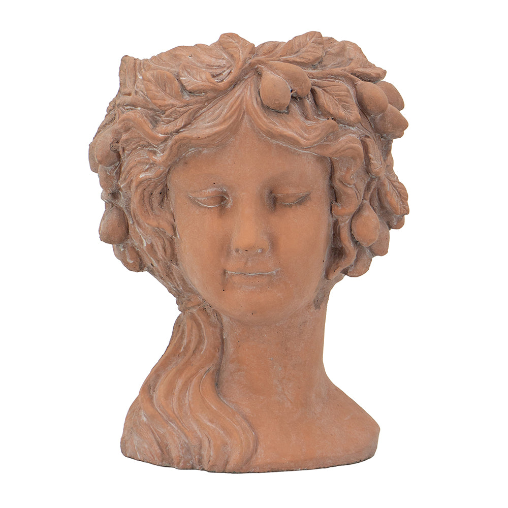 Terracotta maiden planter with fruit and leaves in her hair ideal garden decor