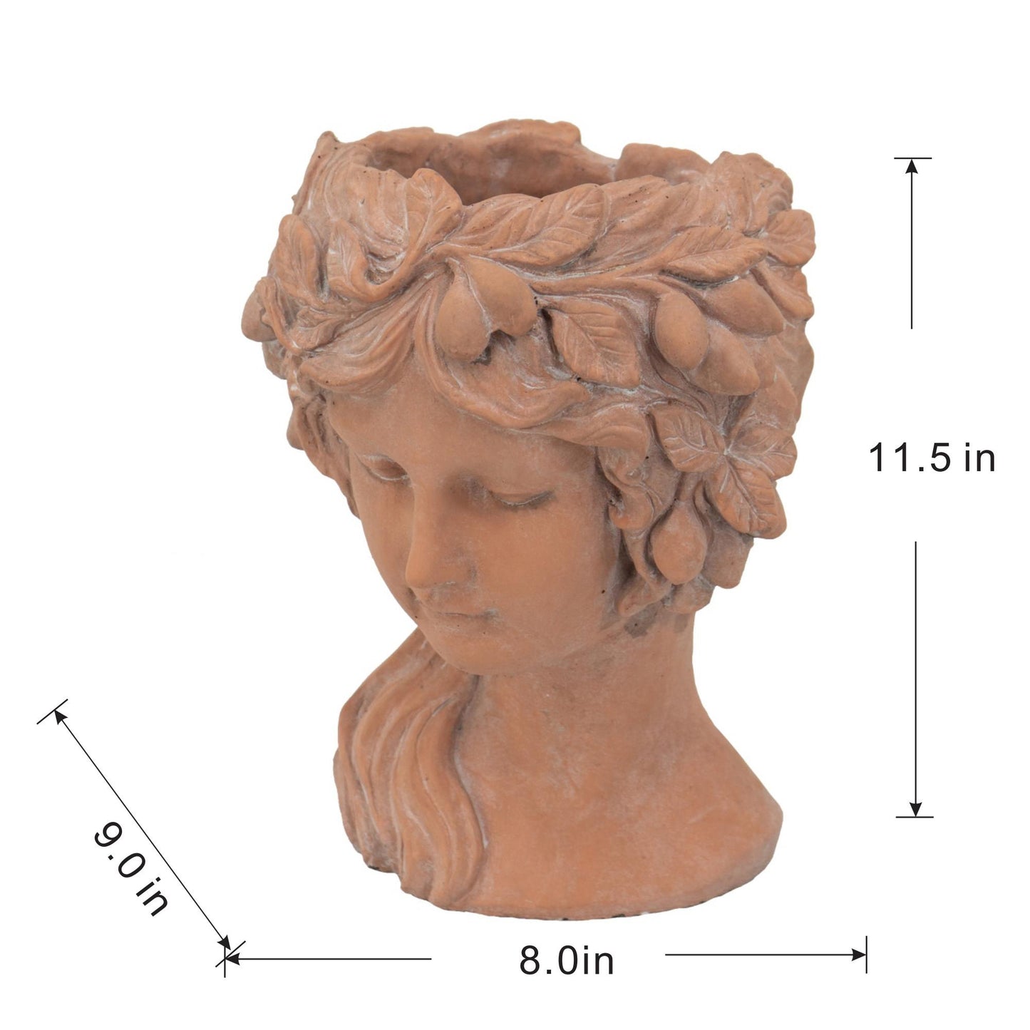 Terracotta planter bust adorned with leaves and fruit classical garden decor