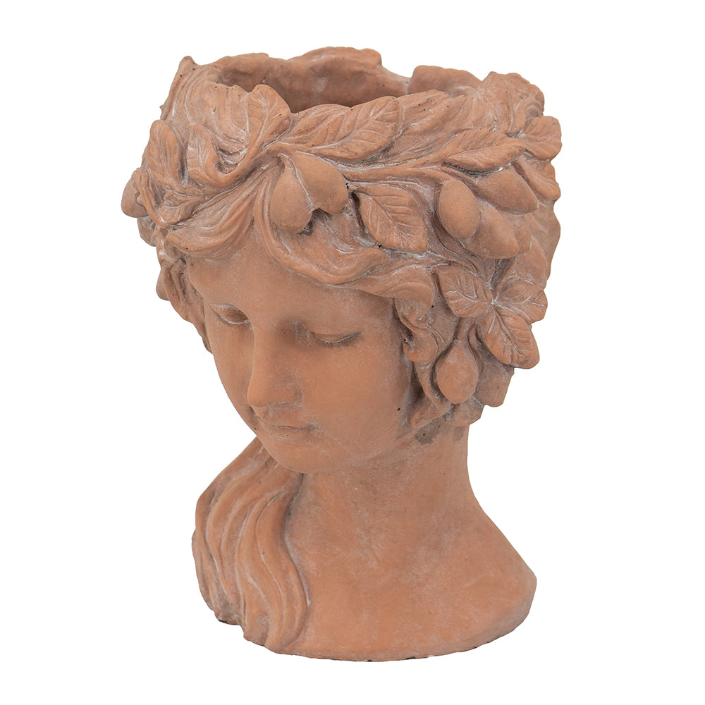 Terracotta bust planter of a woman with a laurel wreath and downward gaze
